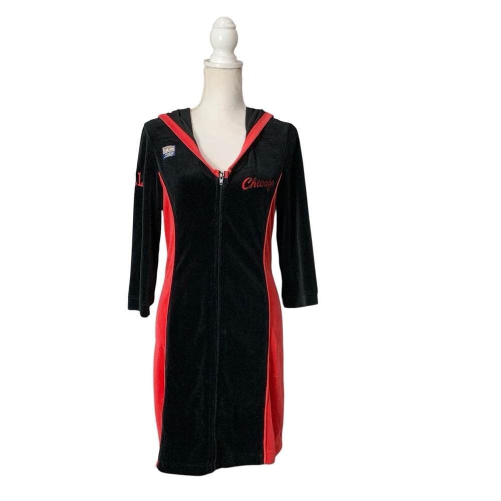🔥 Vtg 90s Chicago Bulls Velour Full Zip Hooded Dress L/XL Streetwear🔥